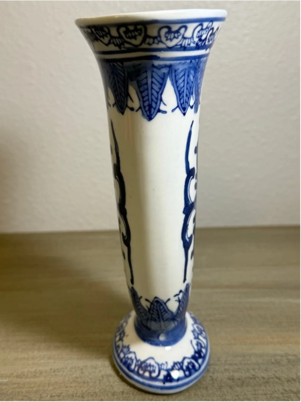 Vintage Japanese Porcelain Vase Decorated in Blue White Floral Trumpet Shape